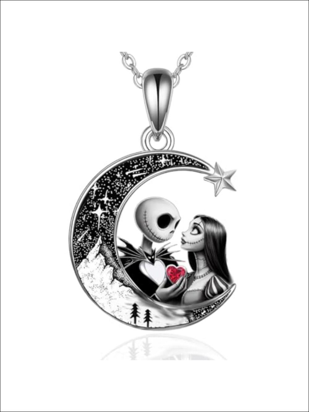 Jack and Sally Necklace 925 Sterling Silver Nightmare Pendant Halloween Jewelry